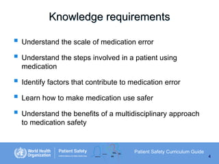 Knowledge requirements

 Understand the scale of medication error
 Understand the steps involved in a patient using
medication

 Identify factors that contribute to medication error
 Learn how to make medication use safer
 Understand the benefits of a multidisciplinary approach
to medication safety

Patient Safety Curriculum Guide
4

 