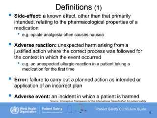 

Definitions (1)
Side-effect: a known effect, other than that primarily
intended, relating to the pharmacological properties of a
medication

•



Adverse reaction: unexpected harm arising from a
justified action where the correct process was followed for
the context in which the event occurred

•




e.g. opiate analgesia often causes nausea

e.g. an unexpected allergic reaction in a patient taking a
medication for the first time

Error: failure to carry out a planned action as intended or
application of an incorrect plan
Adverse event: an incident in which a patient is harmed
Source: Conceptual Framework for the International Classification for patient safety

Patient Safety Curriculum Guide
6

 