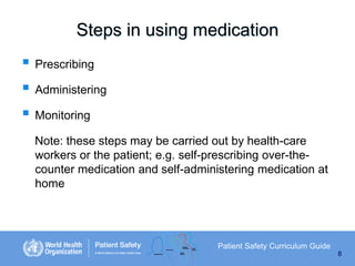 Steps in using medication

 Prescribing
 Administering
 Monitoring
Note: these steps may be carried out by health-care
workers or the patient; e.g. self-prescribing over-thecounter medication and self-administering medication at
home

Patient Safety Curriculum Guide
8

 