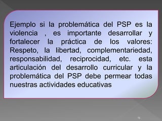 13
Ejemplo si la problemática del PSP es la
violencia , es importante desarrollar y
fortalecer la práctica de los valores:
Respeto, la libertad, complementariedad,
responsabilidad, reciprocidad, etc. esta
articulación del desarrollo curricular y la
problemática del PSP debe permear todas
nuestras actividades educativas
 