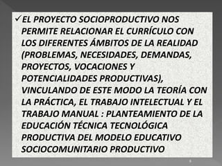 EL PROYECTO SOCIOPRODUCTIVO NOS
PERMITE RELACIONAR EL CURRÍCULO CON
LOS DIFERENTES ÁMBITOS DE LA REALIDAD
(PROBLEMAS, NECESIDADES, DEMANDAS,
PROYECTOS, VOCACIONES Y
POTENCIALIDADES PRODUCTIVAS),
VINCULANDO DE ESTE MODO LA TEORÍA CON
LA PRÁCTICA, EL TRABAJO INTELECTUAL Y EL
TRABAJO MANUAL : PLANTEAMIENTO DE LA
EDUCACIÓN TÉCNICA TECNOLÓGICA
PRODUCTIVA DEL MODELO EDUCATIVO
SOCIOCOMUNITARIO PRODUCTIVO
6
 