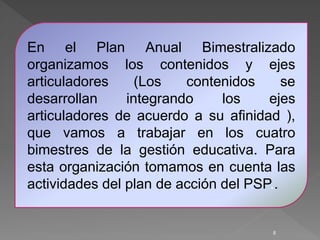 8
En el Plan Anual Bimestralizado
organizamos los contenidos y ejes
articuladores (Los contenidos se
desarrollan integrando los ejes
articuladores de acuerdo a su afinidad ),
que vamos a trabajar en los cuatro
bimestres de la gestión educativa. Para
esta organización tomamos en cuenta las
actividades del plan de acción del PSP..
 