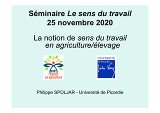 Séminaire Le sens du travail
25 novembre 2020
La notion de sens du travail
en agriculture/élevage
Philippe SPOLJAR - Université de Picardie
 