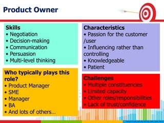 Product Owner
Skills
• Negotiation
• Decision-making
• Communication
• Persuasion
• Multi-level thinking
Characteristics
• Passion for the customer
/user
• Influencing rather than
controlling
• Knowledgeable
• Patient
Challenges
• Multiple constituencies
• Limited capacity
• Other roles/responsibilities
• Lack of trust/confidence
Who typically plays this
role?
• Product Manager
• SME
• Manager
• BA
• And lots of others…
 