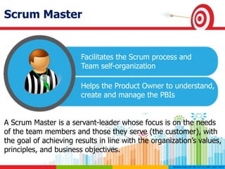Scrum Master
Facilitates the Scrum process and
Team self-organization
Helps the Product Owner to understand,
create and manage the PBIs
A Scrum Master is a servant-leader whose focus is on the needs
of the team members and those they serve (the customer), with
the goal of achieving results in line with the organization’s values,
principles, and business objectives.
 