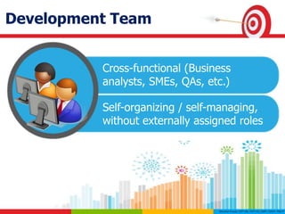 Development Team
Cross-functional (Business
analysts, SMEs, QAs, etc.)
Self-organizing / self-managing,
without externally assigned roles
 