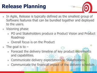 Release Planning
 In Agile, Release is typically defined as the smallest group of
Software features that can be bundled together and deployed
to the users.
 Visioning phase
 PO and Stakeholders produce a Product Vision and Product
Roadmap
 Overall focus is on the Product
 The goal is to –
 Forecast the delivery timeline of key product increments
and capabilities.
 Communicate delivery expectations to Stakeholders.
 Communicate the financial impact of the delivery schedule.
 