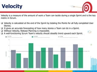 Velocity
Velocity is a measure of the amount of work a Team can tackle during a single Sprint and is the key
metric in Scrum.
 Velocity is calculated at the end of the Sprint by totaling the Points for all fully completed User
Stories.
 It gives an accurate forecasting of how many stories a Team can do in a Sprint.
 Without Velocity, Release Planning is impossible.
 A well-functioning Scrum Team's velocity should steadily trend upward each Sprint.
 