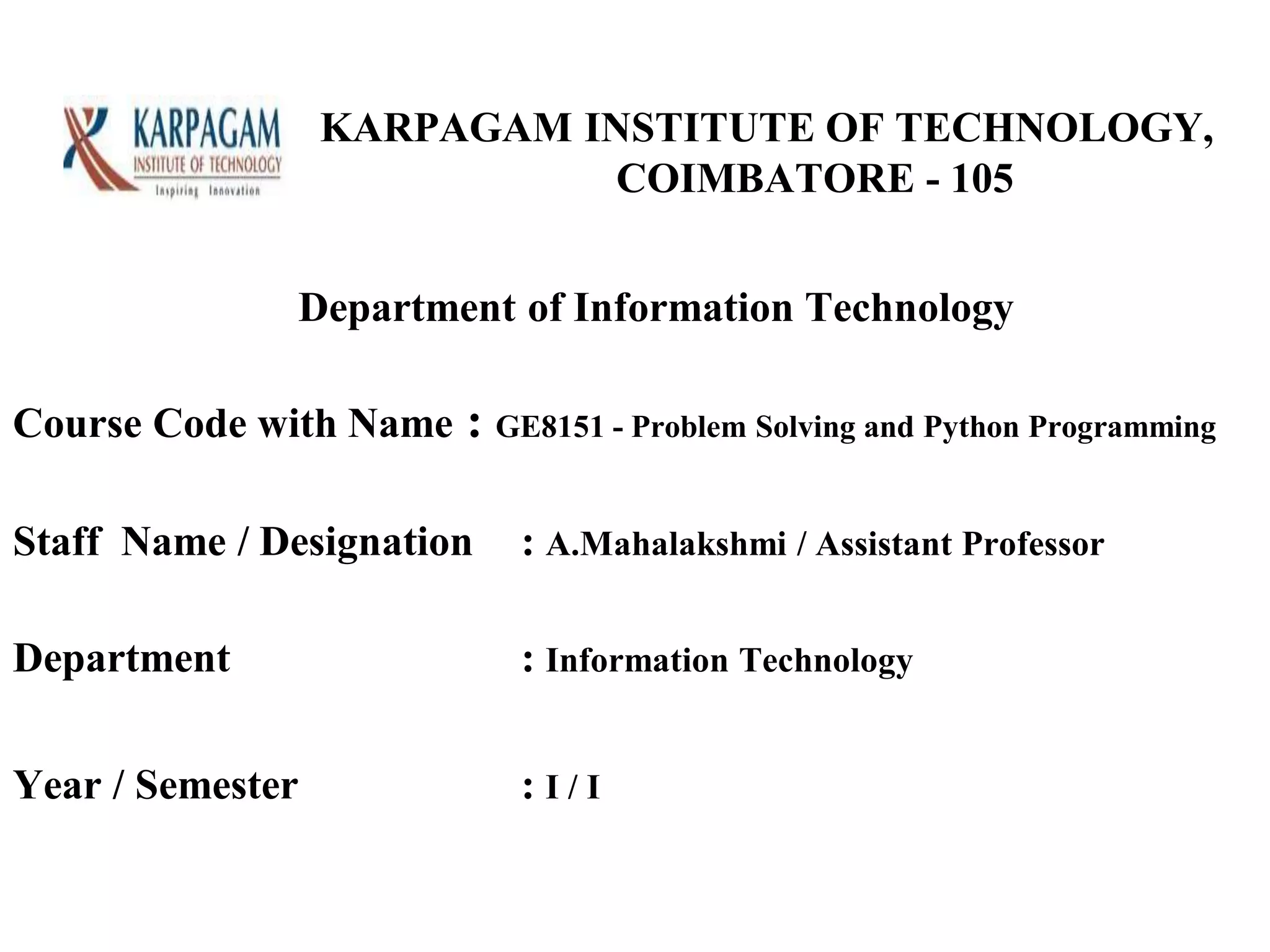 Problem Solving and Python Programming | PPT