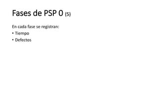 En cada fase se registran:
• Tiempo
• Defectos
Fases de PSP 0 (5)
 