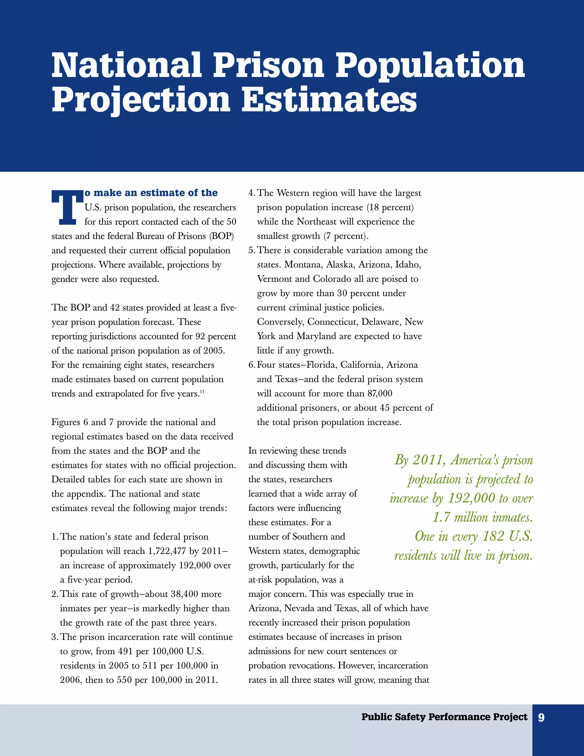 National Prison Population
Projection Estimates

         o make an estimate of the


T
                                                    4. The Western region will have the largest
         U.S. prison population, the researchers       prison population increase (18 percent)
         for this report contacted each of the 50      while the Northeast will experience the
states and the federal Bureau of Prisons (BOP)         smallest growth (7 percent).
and requested their current official population     5. There is considerable variation among the
projections. Where available, projections by           states. Montana, Alaska, Arizona, Idaho,
gender were also requested.                            Vermont and Colorado all are poised to
                                                       grow by more than 30 percent under
The BOP and 42 states provided at least a five-        current criminal justice policies.
year prison population forecast. These                 Conversely, Connecticut, Delaware, New
reporting jurisdictions accounted for 92 percent      York and Maryland are expected to have
of the national prison population as of 2005.         little if any growth.
For the remaining eight states, researchers         6. Four states—Florida, California, Arizona
made estimates based on current population            and Texas—and the federal prison system
trends and extrapolated for five years.11             will account for more than 87,000
                                                      additional prisoners, or about 45 percent of
Figures 6 and 7 provide the national and              the total prison population increase.
regional estimates based on the data received
from the states and the BOP and the                 In reviewing these trends
estimates for states with no official projection.   and discussing them with               By 2011, America’s prison
Detailed tables for each state are shown in         the states, researchers                   population is projected to
the appendix. The national and state                learned that a wide array of
                                                                                          increase by 192,000 to over
estimates reveal the following major trends:        factors were influencing
                                                    these estimates. For a                         1.7 million inmates.
1. The nation’s state and federal prison            number of Southern and                     One in every 182 U.S.
   population will reach 1,722,477 by 2011—         Western states, demographic
                                                                                           residents will live in prison.
   an increase of approximately 192,000 over        growth, particularly for the
   a five-year period.                              at-risk population, was a
2. This rate of growth—about 38,400 more            major concern. This was especially true in
   inmates per year—is markedly higher than         Arizona, Nevada and Texas, all of which have
   the growth rate of the past three years.         recently increased their prison population
3. The prison incarceration rate will continue      estimates because of increases in prison
   to grow, from 491 per 100,000 U.S.               admissions for new court sentences or
   residents in 2005 to 511 per 100,000 in          probation revocations. However, incarceration
   2006, then to 550 per 100,000 in 2011.           rates in all three states will grow, meaning that


                                                                                  Public Safety Performance Project         9
 
