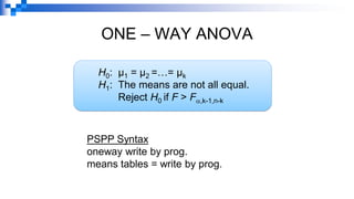 ONE – WAY ANOVA
H0: µ1 = µ2 =…= µk
H1: The means are not all equal.
Reject H0 if F > F,k-1,n-k
PSPP Syntax
oneway write by prog.
means tables = write by prog.
 