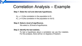 Correlation Analysis – Example
Step 1: State the null and alternate hypotheses.
H0:  = 0 (the correlation in the population is 0)
H1:  ≠ 0 (the correlation in the population is not 0)
Step 2: Select a level of significance.
We select a .05 level of significance.
Step 3: Identify the test statistic.
To test a hypothesis about a correlation we use the t-statistic.
For this analysis, there will be n-2 degrees of freedom.
 
