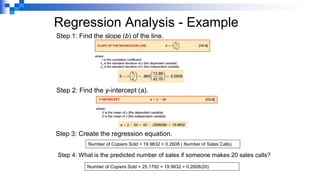 Regression Analysis - Example
Step 1: Find the slope (b) of the line.
Step 2: Find the y-intercept (a).
Step 4: What is the predicted number of sales if someone makes 20 sales calls?
Step 3: Create the regression equation.
Number of Copiers Sold = 19.9632 + 0.2608 ( Number of Sales Calls)
Number of Copiers Sold = 25.1792 = 19.9632 + 0.2608(20)
 