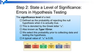 Step 2: State a Level of Significance:
Errors in Hypothesis Testing
The significance level of a test:
 Defined as the probability of rejecting the null
hypothesis when it is actually true.
 This is denoted by the Greek letter “”.
 Also known as Type I Error.
 We select this probability prior to collecting data and
testing the hypothesis.
 A typical value of “” is 0.05.
 