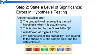 Step 2: State a Level of Significance:
Errors in Hypothesis Testing
Another possible error:
 The probability of not rejecting the null
hypothesis when it is actually false.
 This is denoted by the Greek letter “β”.
 Also known as Type II Error.
 We cannot select this probability. It is related
to the choice of , the sample size, and the
data collected.
 
