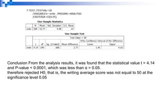 Conclusion From the analysis results, it was found that the statistical value t = 4.14
and P-value < 0.0001, which was less than α = 0.05.
therefore rejected H0, that is, the writing average score was not equal to 50 at the
significance level 0.05
 