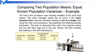 Comparing Two Population Means: Equal,
Known Population Variances – Example
The Fast Lane procedure was recently installed at the local food
market. The store manager would like to know if the mean
checkout time using the standard checkout method is longer than
using the Fast Lane procedure. She gathered the following sample
information. The time is measured from when the customer enters
the line until their bags are in the cart. Hence, the time includes
both waiting in line and checking out.
 