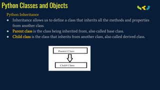 Python Classes and Objects
Python Inheritance
● Inheritance allows us to define a class that inherits all the methods and properties
from another class.
● Parent class is the class being inherited from, also called base class.
● Child class is the class that inherits from another class, also called derived class.
 
