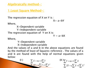 Algebraically method-:
1.Least Square Method-:
The regression equation of X on Y is :
X= a+bY
Where,
X=Dependent variable
Y=Independent variable
The regression equation of Y on X is:
Y = a+bX
Where,
Y=Dependent variable
X=Independent variable
And the values of a and b in the above equations are found
by the method of least of Squares-reference . The values of a
and b are found with the help of normal equations given
below:
(I ) (II )
 
 


2
XbXaXY
XbnaY
 
 


2
YbYaXY
YbnaX
 