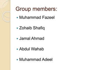 Group members:
 Muhammad Fazeel
 Zohaib Shafiq
 Jamal Ahmad
 Abdul Wahab
 Muhammad Adeel
 