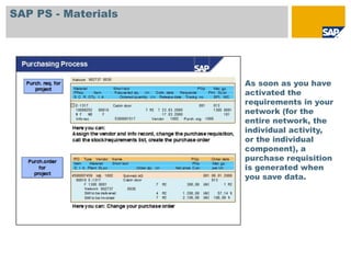 SAP PS - Materials




                     As soon as you have
                     activated the
                     requirements in your
                     network (for the
                     entire network, the
                     individual activity,
                     or the individual
                     component), a
                     purchase requisition
                     is generated when
                     you save data.
 