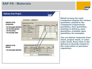 SAP PS - Materials




                     Detail screens for each
                     component display the various
                     quantities related to the
                     component (requirement
                     quantities, item quantities,
                     quantity in delivery, open
                     quantities, available open
                     quantities, for example).

                     You can deliver materials from
                     stock, project stock, or sales
                     order stock. Every item in the
                     delivery is directly related to
                     the reservation or purchase
                     requisition.
 