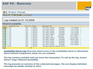 SAP PS - Materials




Availability Check Log: Overview about errors in the availability check or information
about material components which are not available.

The log remains available until you leave the transaction. To call up the log, choose
ExtrasLogsMaterial Availabilty.

The log presents an overview of the collected messages. You can display individual
messages by double clicking on them.
 