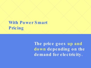 With Power Smart Pricing The price goes  up and down  depending on the demand for electricity. 