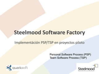 Steelmood Software Factory
Implementáción PSP/TSP en proyectos piloto
Personal Software Process (PSP)
Team Software Process (TSP)
 