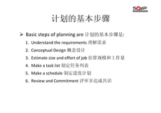 计划的基本步骤
Basic steps of planning are 计划的基本步骤是:
1. Understand the requirements 理解需求
2. Conceptual Design 概念设计
3. Estimate size and effort of job 估算规模和工作量
4. Make a task list 制定任务列表
5. Make a schedule 制定进度计划
6. Review and Commitment 评审并达成共识
 
