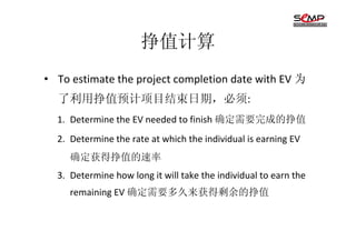 挣值计算
• To estimate the project completion date with EV 为
  了利用挣值预计项目结束日期，必须:
  1. Determine the EV needed to finish 确定需要完成的挣值
  2. Determine the rate at which the individual is earning EV
     确定获得挣值的速率
  3. Determine how long it will take the individual to earn the
     remaining EV 确定需要多久来获得剩余的挣值
 