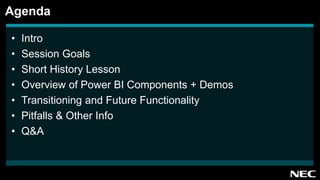 • Intro
• Session Goals
• Short History Lesson
• Overview of Power BI Components + Demos
• Transitioning and Future Functionality
• Pitfalls & Other Info
• Q&A
Agenda
 