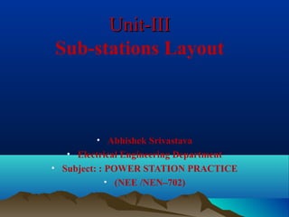 Unit-IIIUnit-III
Sub-stations Layout
• Abhishek Srivastava
• Electrical Engineering Department
• Subject: : POWER STATION PRACTICE
• (NEE /NEN–702)
 