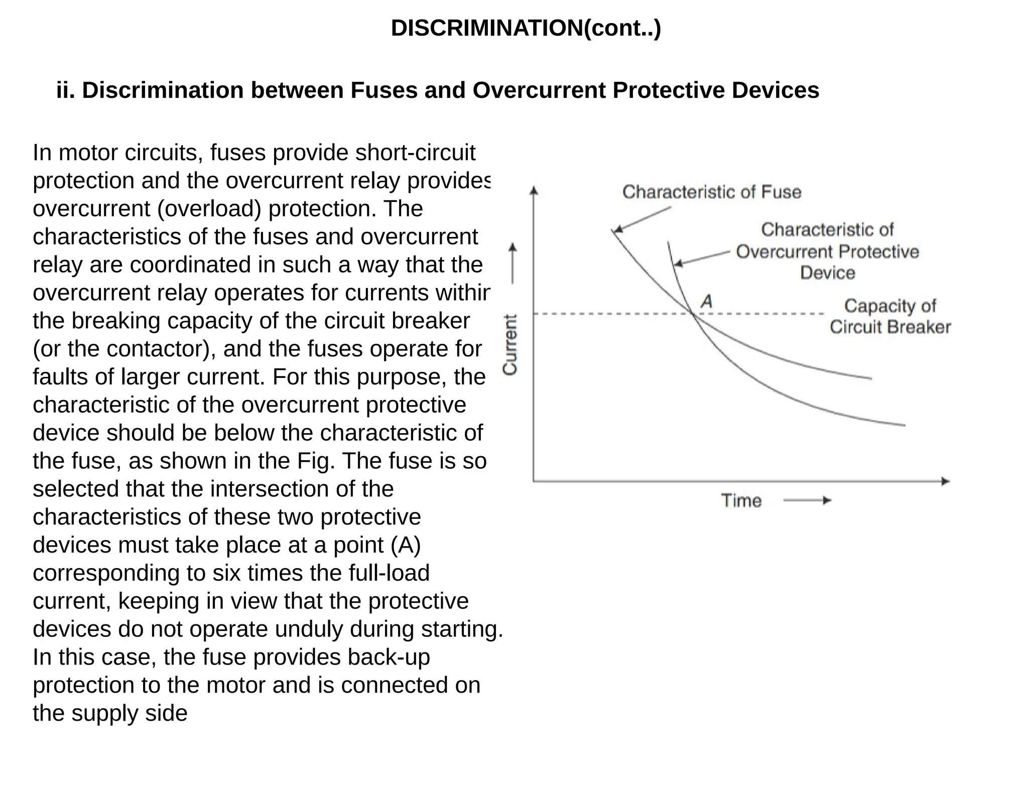 DISCRIMINATION(cont..)
ii. Discrimination between Fuses and Overcurrent Protective Devices
In motor circuits, fuses provide short-circuit
protection and the overcurrent relay provides
overcurrent (overload) protection. The
characteristics of the fuses and overcurrent
relay are coordinated in such a way that the
overcurrent relay operates for currents within
the breaking capacity of the circuit breaker
(or the contactor), and the fuses operate for
faults of larger current. For this purpose, the
characteristic of the overcurrent protective
device should be below the characteristic of
the fuse, as shown in the Fig. The fuse is so
selected that the intersection of the
characteristics of these two protective
devices must take place at a point (A)
corresponding to six times the full-load
current, keeping in view that the protective
devices do not operate unduly during starting.
In this case, the fuse provides back-up
protection to the motor and is connected on
the supply side
 