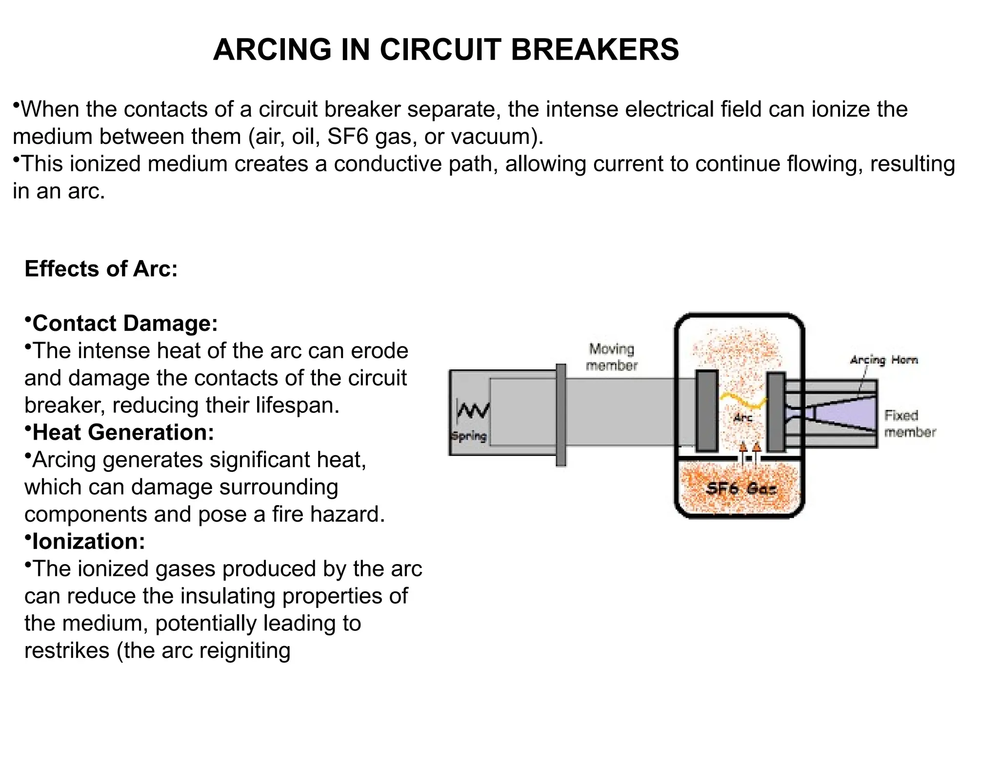 ARCING IN CIRCUIT BREAKERS
•When the contacts of a circuit breaker separate, the intense electrical field can ionize the
medium between them (air, oil, SF6 gas, or vacuum).
•This ionized medium creates a conductive path, allowing current to continue flowing, resulting
in an arc.
Effects of Arc:
•Contact Damage:
•The intense heat of the arc can erode
and damage the contacts of the circuit
breaker, reducing their lifespan.
•Heat Generation:
•Arcing generates significant heat,
which can damage surrounding
components and pose a fire hazard.
•Ionization:
•The ionized gases produced by the arc
can reduce the insulating properties of
the medium, potentially leading to
restrikes (the arc reigniting
 