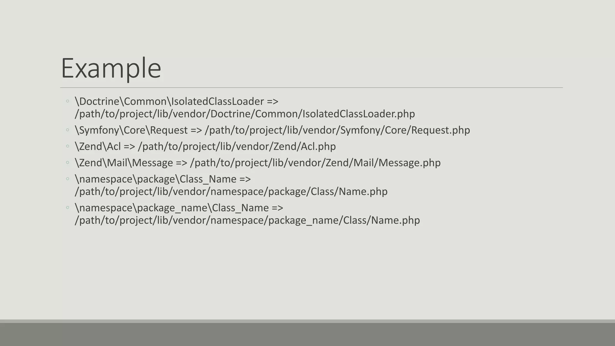 Example
◦ DoctrineCommonIsolatedClassLoader =>
/path/to/project/lib/vendor/Doctrine/Common/IsolatedClassLoader.php
◦ SymfonyCoreRequest => /path/to/project/lib/vendor/Symfony/Core/Request.php
◦ ZendAcl => /path/to/project/lib/vendor/Zend/Acl.php
◦ ZendMailMessage => /path/to/project/lib/vendor/Zend/Mail/Message.php
◦ namespacepackageClass_Name =>
/path/to/project/lib/vendor/namespace/package/Class/Name.php
◦ namespacepackage_nameClass_Name =>
/path/to/project/lib/vendor/namespace/package_name/Class/Name.php
 