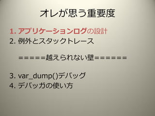 オレが思う重要度
1. アプリケーションログの設計
2. 例外とスタックトレース
=====越えられない壁======
3. var_dump()デバッグ
4. デバッガの使い方
 