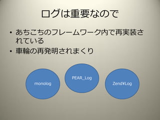 ログは重要なので
• あちこちのフレームワーク内で再実装さ
れている
• 車輪の再発明されまくり
monolog
PEAR_Log
Zend¥Log
 