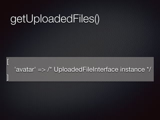 getUploadedFiles()
[

    'avatar' => /* UploadedFileInterface instance */

]
 