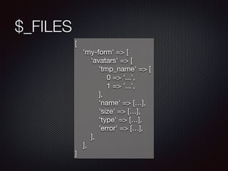 $_FILES
[

    'my-form' => [

        'avatars' => [

            'tmp_name' => [

                0 => '...',

                1 => '...',

            ],

            'name' => […],

            'size' => […],

            'type' => […],

            'error' => […],

        ],

    ],

]
 