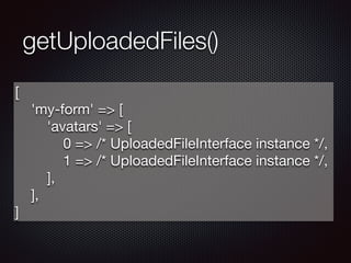 getUploadedFiles()
[

    'my-form' => [

        'avatars' => [

            0 => /* UploadedFileInterface instance */,

            1 => /* UploadedFileInterface instance */,

        ],

    ],

]
 