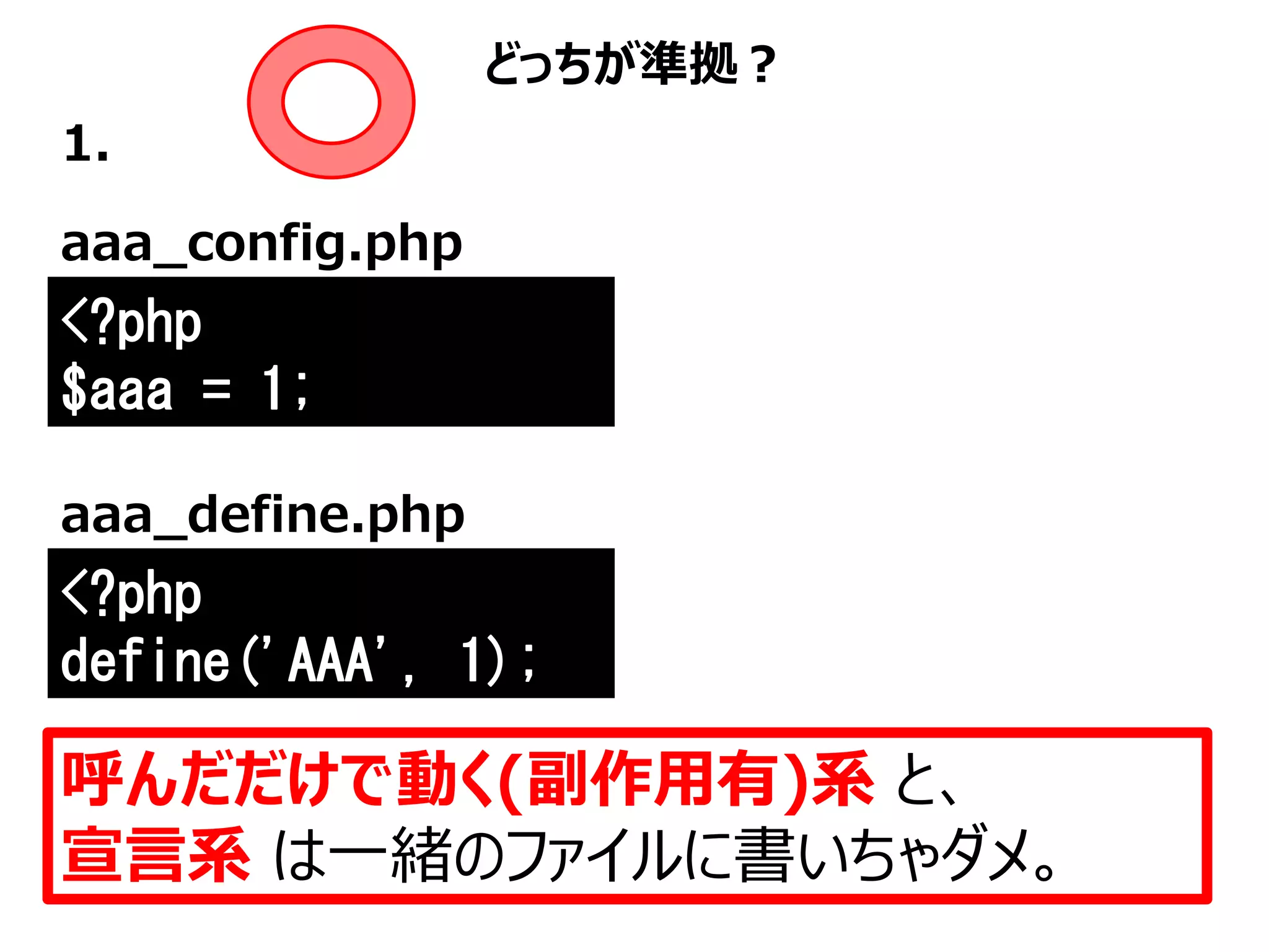 どっちが準拠？
呼んだだけで動く(副作用有)系 と、
宣言系 は一緒のファイルに書いちゃダメ。
1.
<?php
$aaa = 1;
aaa_config.php
<?php
define('AAA', 1);
aaa_define.php
 