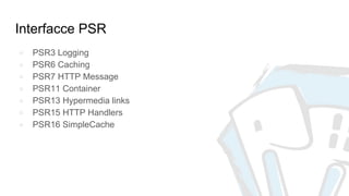 Interfacce PSR
● PSR3 Logging
● PSR6 Caching
● PSR7 HTTP Message
● PSR11 Container
● PSR13 Hypermedia links
● PSR15 HTTP Handlers
● PSR16 SimpleCache
 