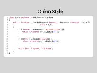 Onion Style
1 class Auth implements MiddlewareInterface
2 {
3 public function __invoke(Request $request, Response $response, callable
4 $out = null)
5 {
6 if(! $request->hasHeader('authorization')){
7 return $response->withStatus(401);
8 }
9
10 if (!$this->isValid($request)) {
11 return $response->withStatus(403);
12 }
13
14 return $out($request, $response);
15 }
16 }
 