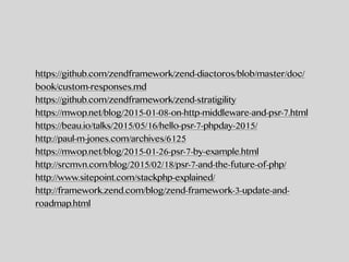 https://github.com/zendframework/zend-diactoros/blob/master/doc/
book/custom-responses.md
https://github.com/zendframework/zend-stratigility
https://mwop.net/blog/2015-01-08-on-http-middleware-and-psr-7.html
https://beau.io/talks/2015/05/16/hello-psr-7-phpday-2015/
http://paul-m-jones.com/archives/6125
https://mwop.net/blog/2015-01-26-psr-7-by-example.html
http://srcmvn.com/blog/2015/02/18/psr-7-and-the-future-of-php/
http://www.sitepoint.com/stackphp-explained/
http://framework.zend.com/blog/zend-framework-3-update-and-
roadmap.html
 