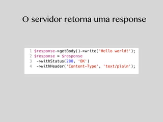 O servidor retorna uma response
1 $response->getBody()->write('Hello world!');
2 $response = $response
3 ->withStatus(200, 'OK')
4 ->withHeader('Content-Type', 'text/plain');
 