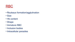 RBC
• Rouleaux formation/agglutination
• Size
• Hb content
• Shape
• Immature RBC
• Inclusion bodies
• Intracellular parasites
 