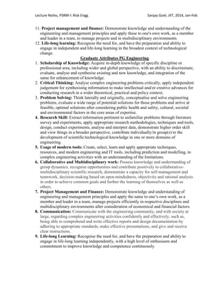 Lecture Notes, PSRM-I: Risk Engg. Sanjay Goel, JIIT, 2014, Jan-Feb
11. Project management and finance: Demonstrate knowledge and understanding of the
engineering and management principles and apply these to one's own work, as a member
and leader in a team, to manage projects and in multidisciplinary environments.
12. Life-long learning: Recognise the need for, and have the preparation and ability to
engage in independent and life-long learning in the broadest context of technological
change.
Graduate Attributes PG Engineering
1. Scholarship of Knowledge: Acquire in-depth knowledge of specific discipline or
professional area, including wider and global perspective, with an ability to discriminate,
evaluate, analyse and synthesise existing and new knowledge, and integration of the
same for enhancement of knowledge.
2. Critical Thinking: Analyse complex engineering problems critically, apply independent
judgement for synthesising information to make intellectual and/or creative advances for
conducting research in a wider theoretical, practical and policy context.
3. Problem Solving: Think laterally and originally, conceptualise and solve engineering
problems, evaluate a wide range of potential solutions for those problems and arrive at
feasible, optimal solutions after considering public health and safety, cultural, societal
and environmental factors in the core areas of expertise.
4. Research Skill: Extract information pertinent to unfamiliar problems through literature
survey and experiments, apply appropriate research methodologies, techniques and tools,
design, conduct experiments, analyse and interpret data, demonstrate higher order skill
and view things in a broader perspective, contribute individually/in group(s) to the
development of scientific/technological knowledge in one or more domains of
engineering.
5. Usage of modern tools: Create, select, learn and apply appropriate techniques,
resources, and modern engineering and IT tools, including prediction and modelling, to
complex engineering activities with an understanding of the limitations.
6. Collaborative and Multidisciplinary work: Possess knowledge and understanding of
group dynamics, recognise opportunities and contribute positively to collaborative-
multidisciplinary scientific research, demonstrate a capacity for self-management and
teamwork, decision-making based on open-mindedness, objectivity and rational analysis
in order to achieve common goals and further the learning of themselves as well as
others.
7. Project Management and Finance: Demonstrate knowledge and understanding of
engineering and management principles and apply the same to one‘s own work, as a
member and leader in a team, manage projects efficiently in respective disciplines and
multidisciplinary environments after consideration of economical and financial factors.
8. Communication: Communicate with the engineering community, and with society at
large, regarding complex engineering activities confidently and effectively, such as,
being able to comprehend and write effective reports and design documentation by
adhering to appropriate standards, make effective presentations, and give and receive
clear instructions.
9. Life-long Learning: Recognise the need for, and have the preparation and ability to
engage in life-long learning independently, with a high level of enthusiasm and
commitment to improve knowledge and competence continuously.
 