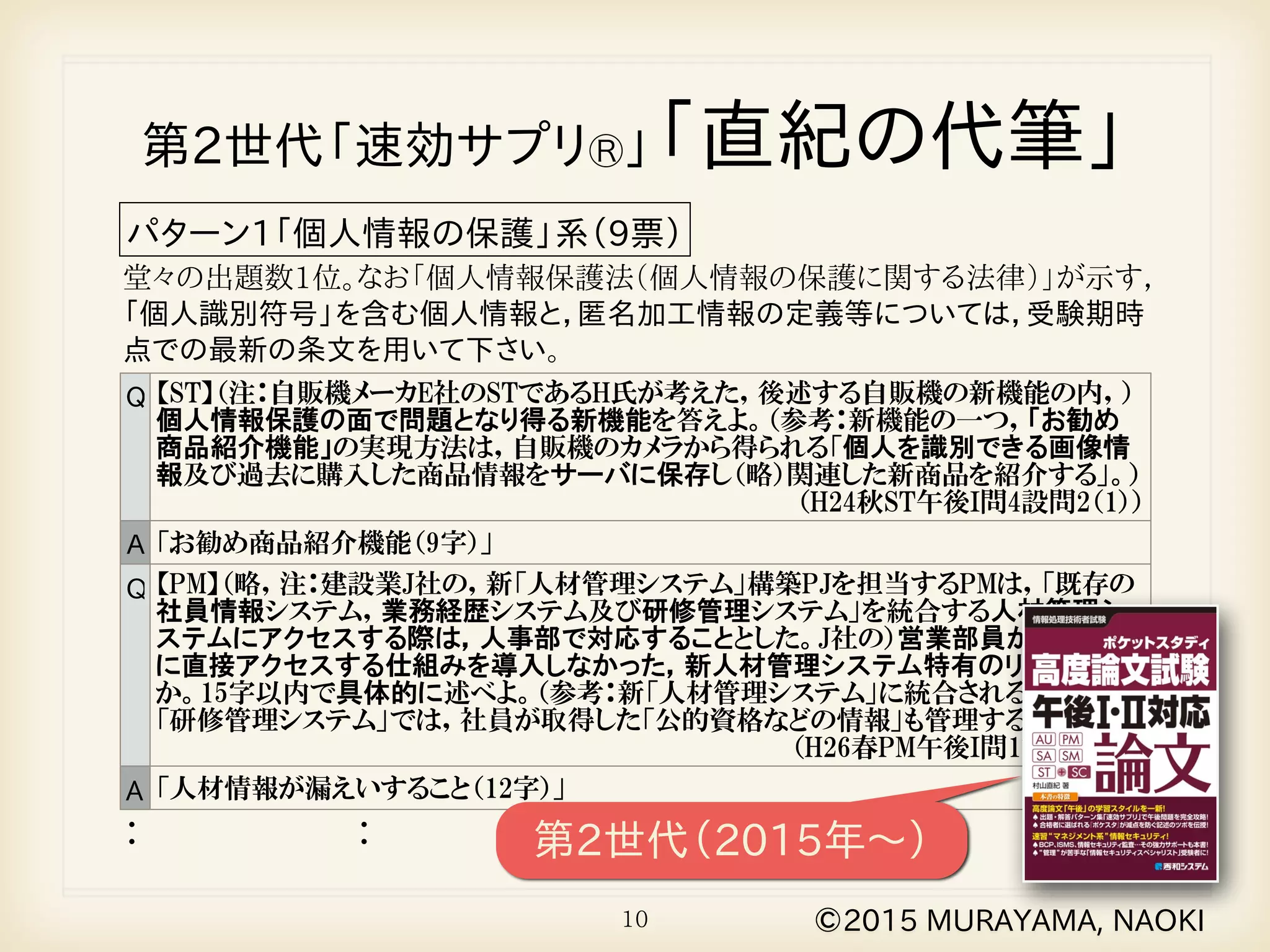 10
第2世代「速効サプリⓇ」「直紀の代筆」
©2015 MURAYAMA, NAOKI
Ｑ 【ST】（注：自販機メーカE社のSTであるH氏が考えた，後述する自販機の新機能の内，）
個人情報保護の面で問題となり得る新機能を答えよ。（参考：新機能の一つ，「お勧め
商品紹介機能」の実現方法は，自販機のカメラから得られる「個人を識別できる画像情
報及び過去に購入した商品情報をサーバに保存し（略）関連した新商品を紹介する」。）
（H24秋ST午後I問4設問2（1））
Ａ 「お勧め商品紹介機能（9字）」
Q 【PM】（略，注：建設業J社の，新「人材管理システム」構築PJを担当するPMは，「既存の
社員情報システム，業務経歴システム及び研修管理システム」を統合する人材管理シ
ステムにアクセスする際は，人事部で対応することとした。J社の）営業部員がシステム
に直接アクセスする仕組みを導入しなかった，新人材管理システム特有のリスクとは何
か。15字以内で具体的に述べよ。（参考：新「人材管理システム」に統合される既存の
「研修管理システム」では，社員が取得した「公的資格などの情報」も管理する。）
（H26春PM午後I問1設問4（2））
A 「人材情報が漏えいすること（12字）」
: : 第2世代（2015年〜）
パターン1「個人情報の保護」系（9票）
堂々の出題数1位。なお「個人情報保護法（個人情報の保護に関する法律）」が示す，
「個人識別符号」を含む個人情報と，匿名加工情報の定義等については，受験期時
点での最新の条文を用いて下さい。
 